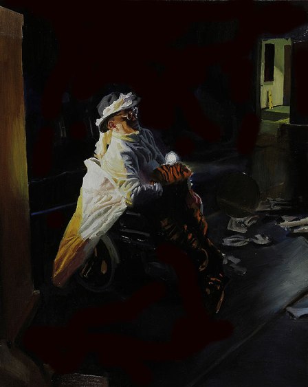 Nils performs in his wheelchair, wearing a hoop skirt, brimmed hat and tiger costume