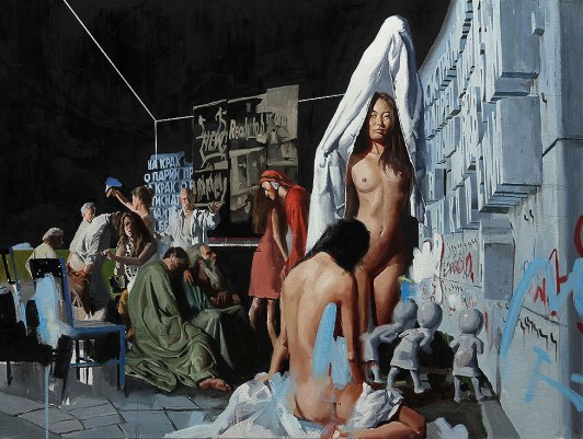 paining of dancers with added figures in foreground